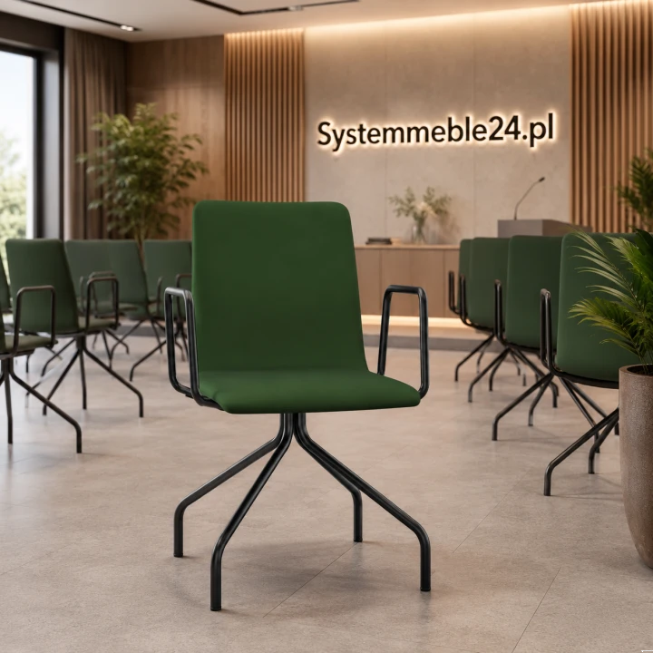 Krzesła konferencyjne NEST z podłokietnikami – zielona tapicerka i czarny stelaż, sala konferencyjna