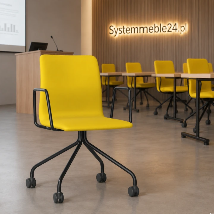 Krzesło konferencyjne NEST na kółkach z podłokietnikami – żółta tapicerka i czarny stelaż, sala wykładowa