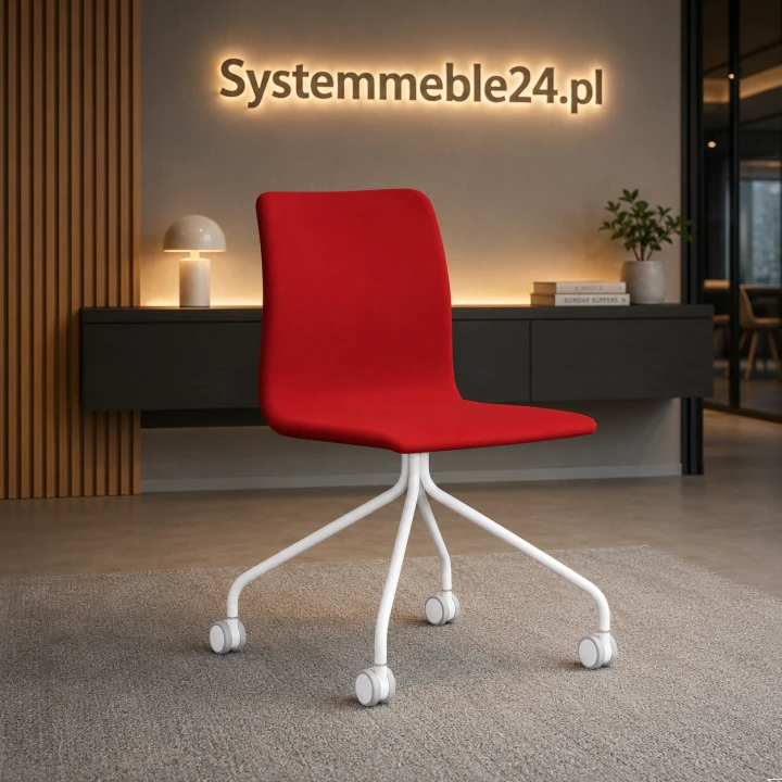 Krzesło konferencyjne NEST na kółkach – czerwona tapicerka i biały stelaż, nowoczesna aranżacja od Systemmeble24.pl Bydgoszcz