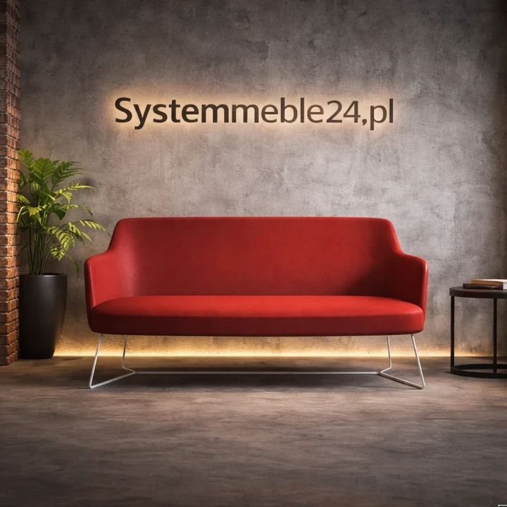 Czerwona sofa biurowa dwuosobowa na metalowej podstawie w eleganckiej aranżacji recepcji