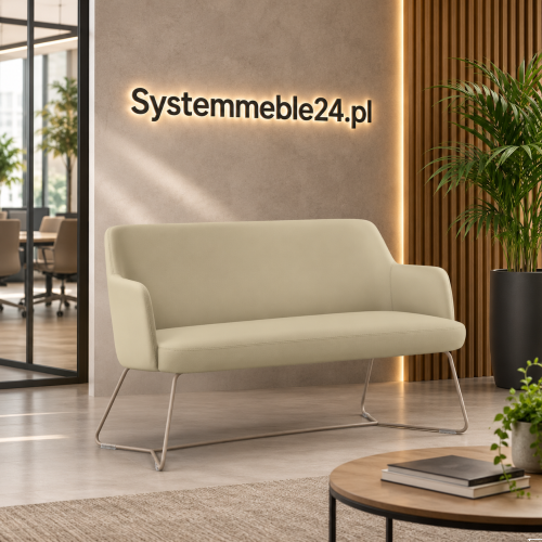 Sofa dwuosobowa LUNA na stelażu prętowym – beżowa tapicerka i podstawa, elegancka aranżacja recepcji i lobby