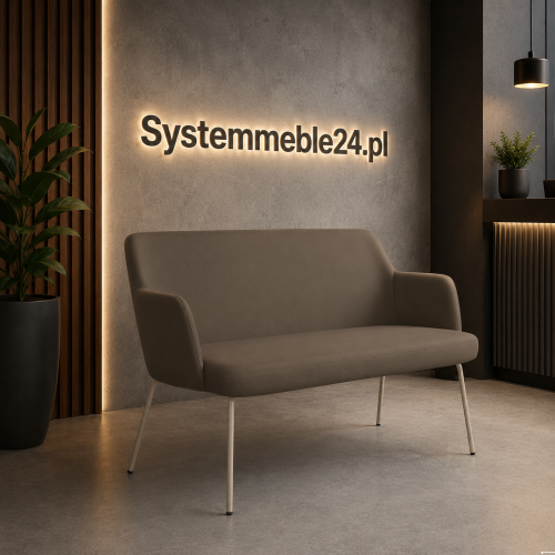 Sofa do poczekalni i strefy spotkań – jasna tapicerka, beżowy metalowy stelaż , nowoczesne wnętrze biurowe
