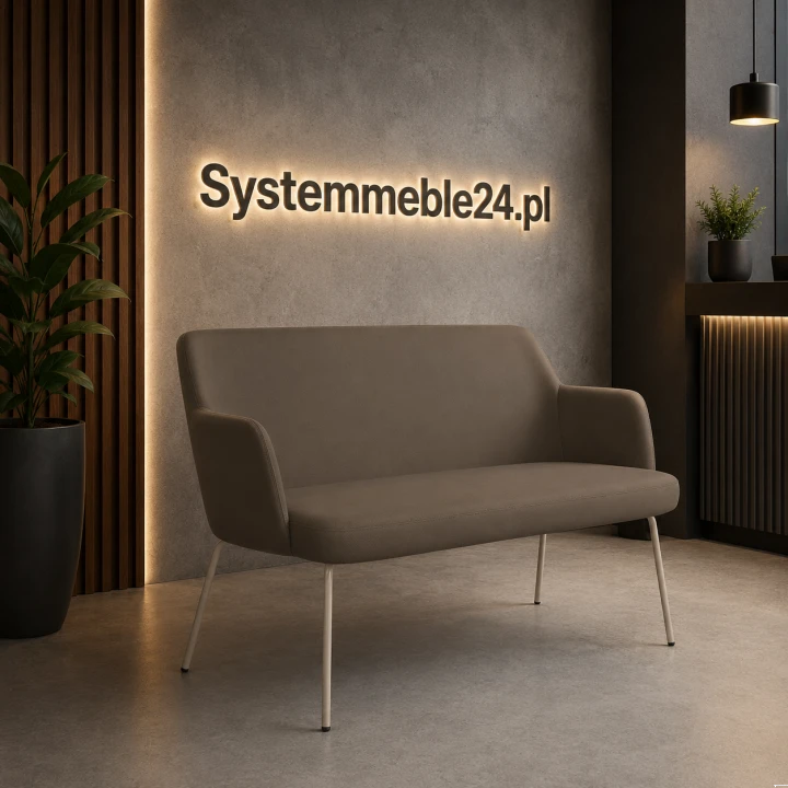 Sofa do poczekalni i strefy spotkań – jasna tapicerka, beżowy metalowy stelaż , nowoczesne wnętrze biurowe