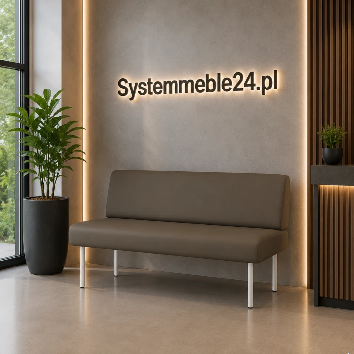 Sofa biurowa ZENO 160 cm – brązowa tapicerka, białe metalowe nogi, aranżacja przy ścianie