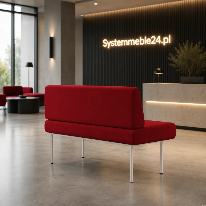Sofa ZENO 160 cm – czerwona tapicerka, białe metalowe nogi, widok tylnej części sofy