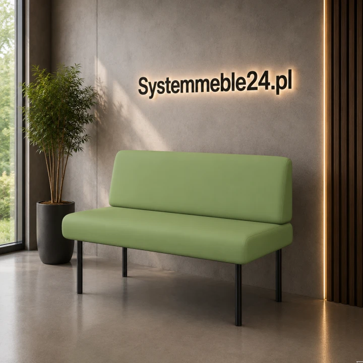 Sofa biurowa ZENO 160 cm – jasnozielona tapicerka, czarne metalowe nogi, aranżacja recepcji