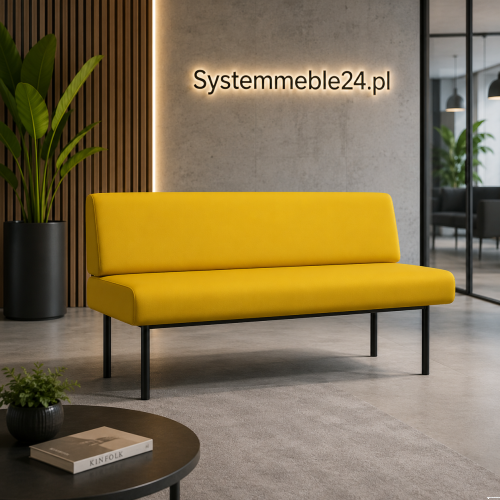 Sofa dwuosobowa ZENO 160 cm – żółta tapicerka, czarne metalowe nogi, nowoczesna aranżacja biurowa