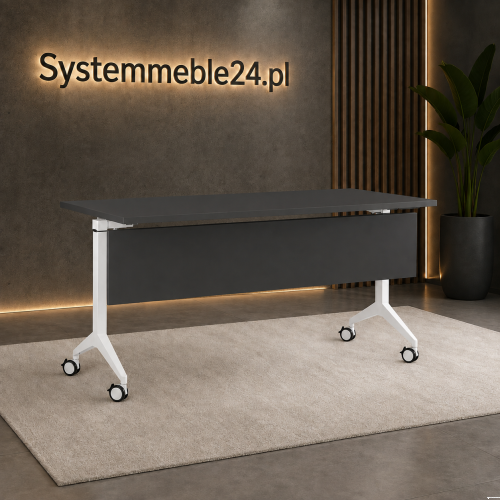Biurko mobilne składane 150/70 cm z antracytowym blatem i blendą na białym stelażu | Systemmeble24.pl