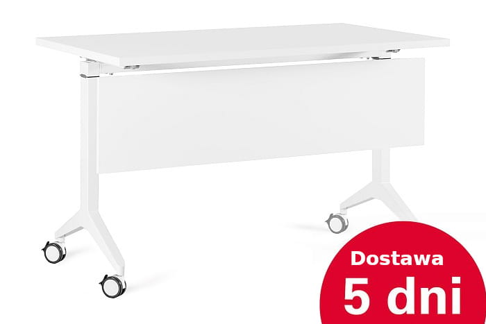 Biurko mobilne składane 150/70 cm w kolorze białym z blendą i kółkami z hamulcem