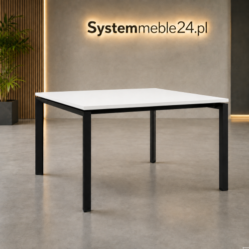 Biurko bench 120/140 z białym blatem i czarnym stelażem trójkątnym