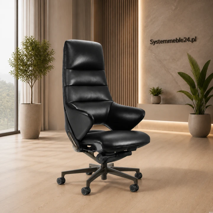 Luksusowy fotel gabinetowy z czarnej skóry naturalnej w eleganckim biurze