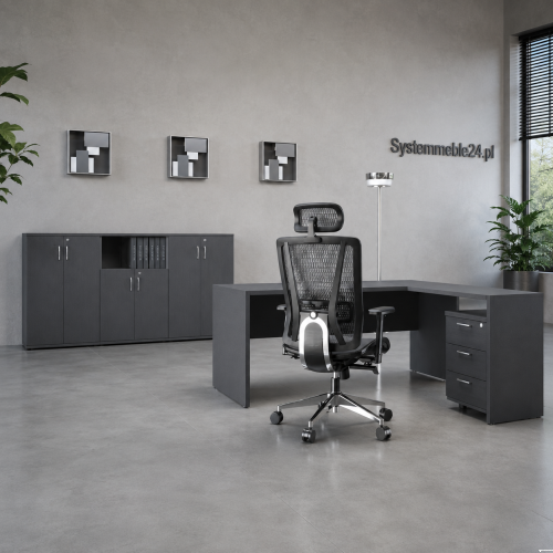 Meble gabinetowe SM OFFICE 30 w kolorze antracyt – biurko z dostawką i komodą