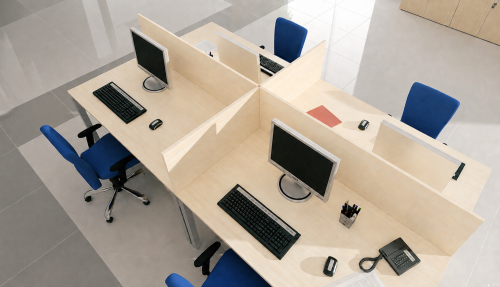 Zestaw 4 biurek open space w kolorze klon z panelami płytowymi