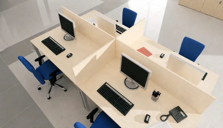 Zestaw 4 biurek open space w kolorze klon z panelami płytowymi