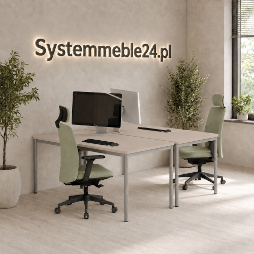 Zestaw biurowy dla 2 osób – beżowe blaty 150/80 i fotele ergonomiczne