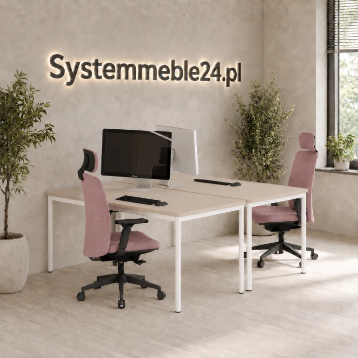 Dwa biurka 150/80 na białych stelażach z ergonomicznymi fotelami biurowymi