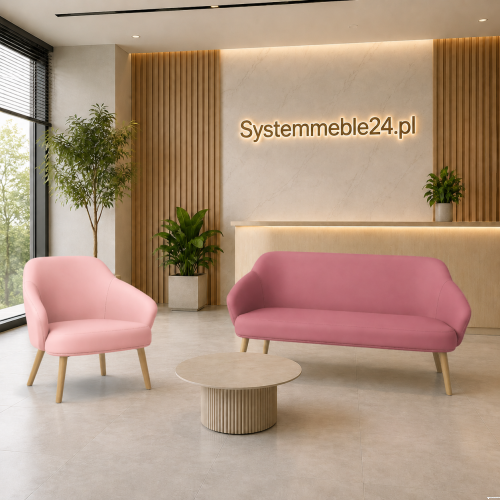 Sofa do recepcji w różowym kolorze z fotelem
