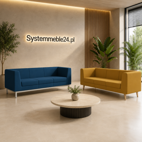 Granatowa i musztardowa sofa trzyosobowa soft seating do recepcji i lobby