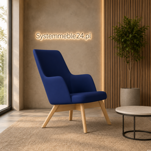 Granatowy fotel soft seating Luna na drewnianych nogach w nowoczesnej recepcji