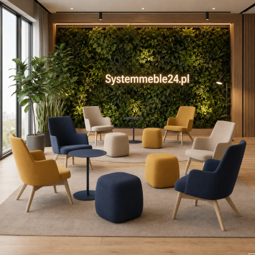 Fotele Luna i pufy soft seating w eleganckiej strefie relaksu z zieloną ścianą