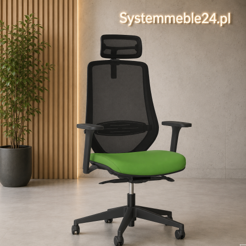 Ergonomiczny fotel biurowy BK 30 z zagłówkiem i zielonym siedziskiem