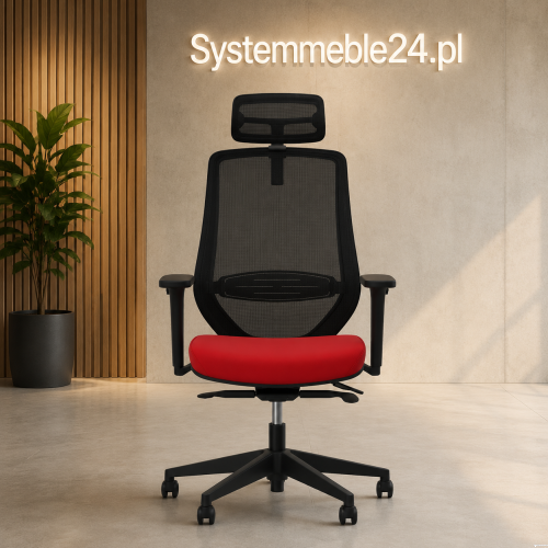 Ergonomiczny fotel biurowy BK 30 z czerwonym siedziskiem – widok z przodu