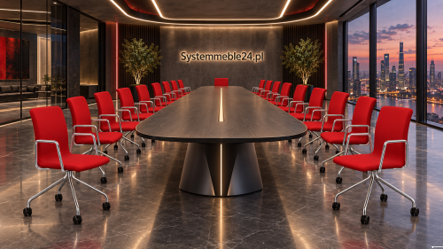 Krzesła konferencyjne SM FORM 1 czerwone przy długim stole konferencyjnym