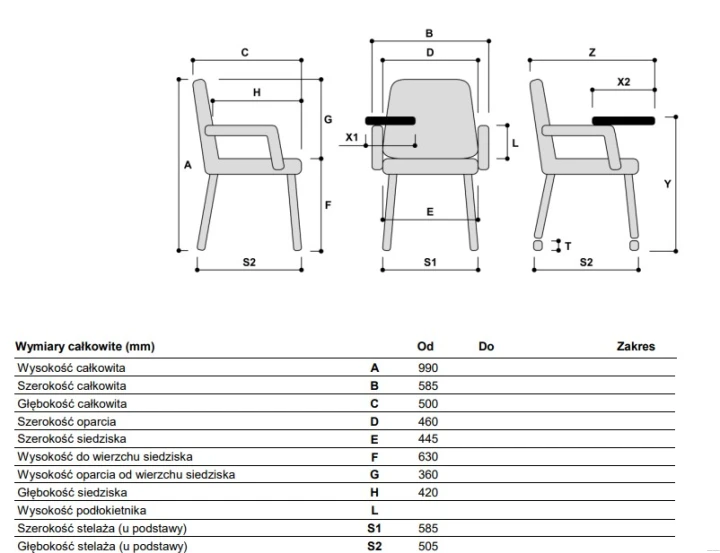 Hoker ONDA z siedziskiem na wysokości 62 cm – wymiary techniczne