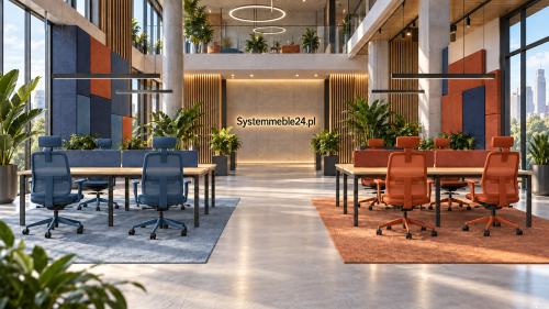 Fotele ergonomiczne MONO w kolorze czerwonym ceglanym i niebieskim w nowoczesnym biurze open space