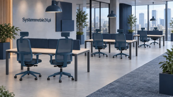 Niebieskie fotele ergonomiczne MONO z zagłówkiem i regulacją lędźwiową w przestrzeni open space