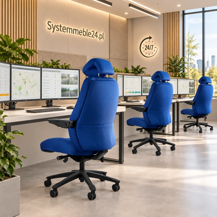 Niebieskie fotele dyspozytorskie ATLAS 24/7 przy stanowiskach centrum monitoringu