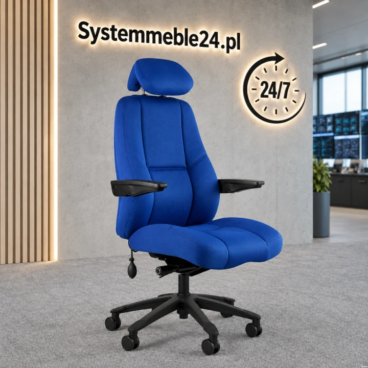Niebieski fotel do pracy 24/7 ATLAS z regulowanym zagłówkiem i mechanizmem SYNCHRON