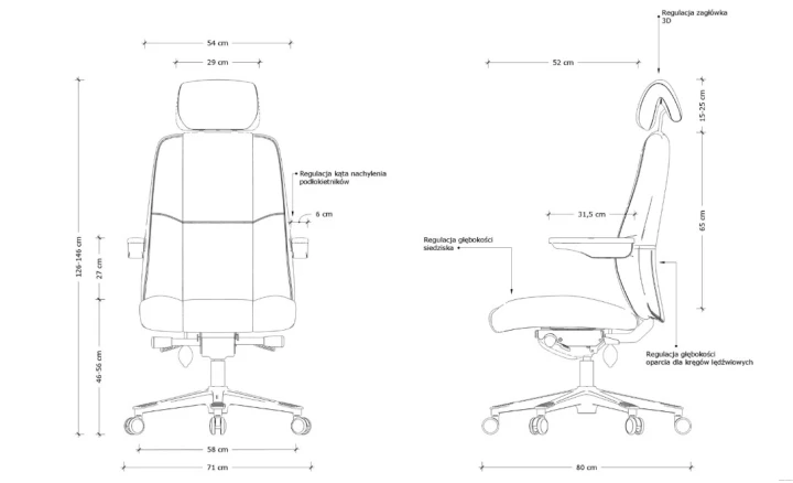 Wymiary fotela do pracy 24/7 ATLAS – ergonomiczny fotel dyspozytorski do 150 kg