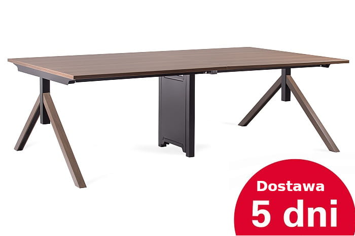 Biurko czteroosobowe 240/140 z blatem orzech i ozdobnymi nogami trójkątnymi