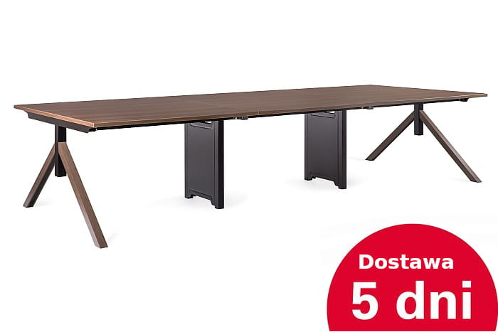Biurko 6-osobowe 360/140 z blatem orzech i ozdobnymi nogami trójkątnymi