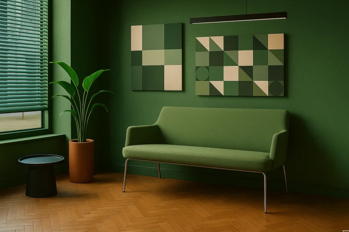 sofa biurowa w aranżacji zieleni – elegancki element nowoczesnego biura lub recepcji