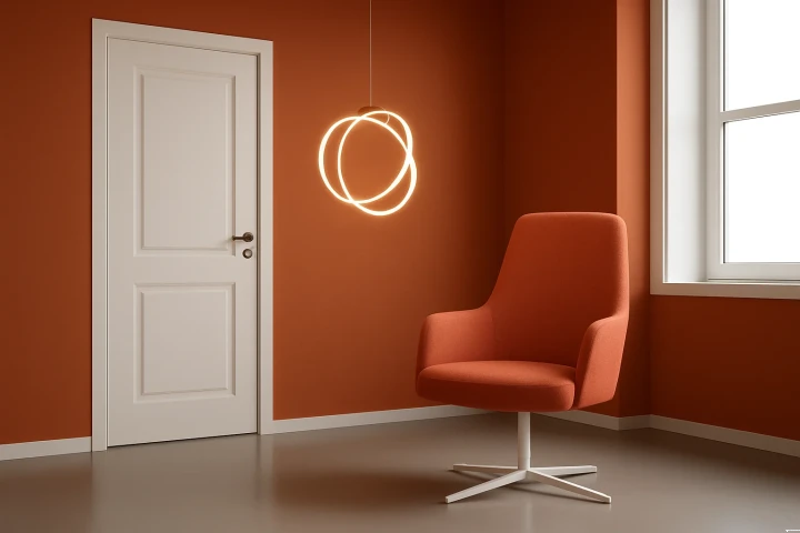 Fotel Luna w modnym minimalistycznym wnętrzu – połączenie komfortu i prostoty, idealne do biura lub hotelu.