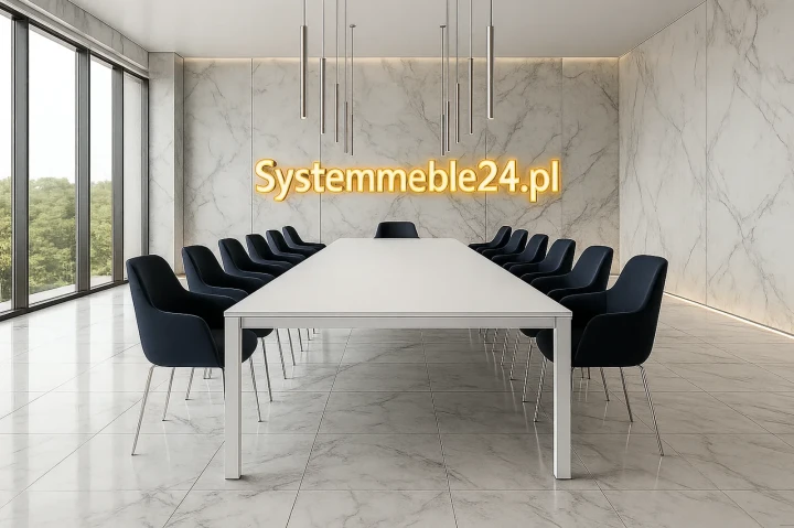 Stół konferencyjny w białej aranżacji –  dla 8–16 osób. Stoły konferencyjne Gdańsk, Poznań, Warszawa – SystemMeble24.pl.