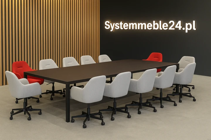 Stół konferencyjny z panelem drewnianym w tle – dla 8–16 osób. Stoły konferencyjne Warszawa, Katowice, Wrocław – SystemMeble24.pl.