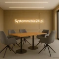 Nowoczesny stół konferencyjny w jasnym wnętrzu z napisem LED – efektowna aranżacja biura w stylu premium.
