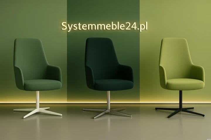 Nowoczesna aranżacja od Systemmeble24.pl z trzema fotelami Luna w odcieniach zieleni – przykład spójnej i kreatywnej przestrzeni biurowej.