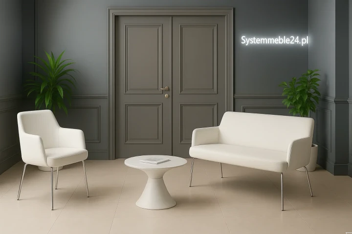 Nowoczesna sofa biurowa do recepcji w kolorze białym– dwuosobowa, metalowe nogi sklep Systemmeble24.pl Bydgoszcz