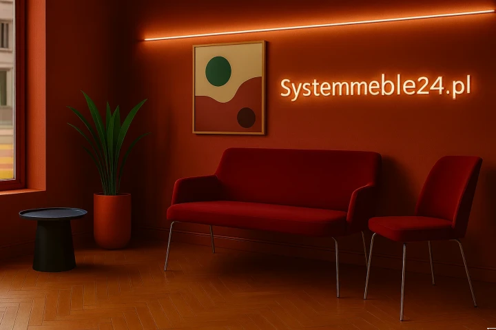 Czerwona sofa dwuosobowa plus fotel czerwona tkanina, elegancki design do gabinetu czy recepcji Systemmeble24 Bydgoszcz