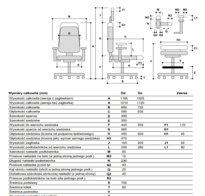 Wymiary fotela biurowego SK20 – rysunek techniczny modelu Systemmeble24.pl