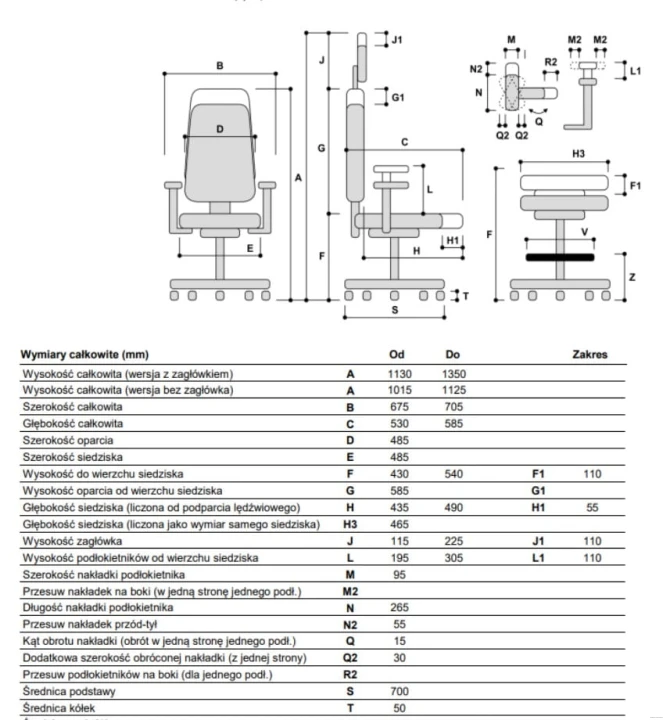 Ergonomiczny fotel biurowy BK 30 – wymiary i zakres regulacji