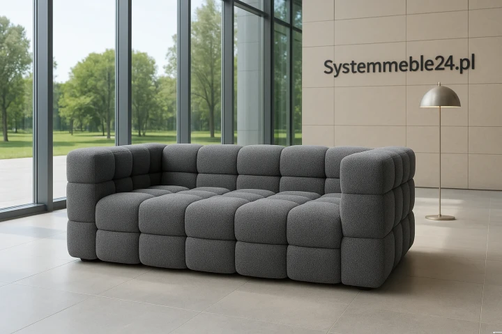 Sofa biurowa trzyosobowa Elegance w przeszklonym holu biurowym – trzyosobowa sofa premium do firm, hoteli i kancelarii
