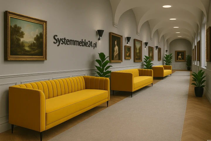 Sofa trzyosobowa Velvet w luksusowej przestrzeni artystycznej – sofa premium do gabinetu i recepcji