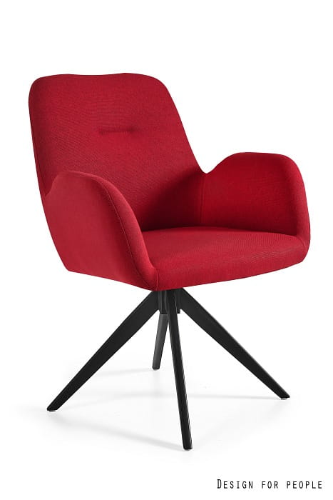 Czerwony fotel konferencyjny Brava tapicerowany tkaniną, ergonomiczne siedzisko z podłokietnikami, obrotowa metalowa podstawa.