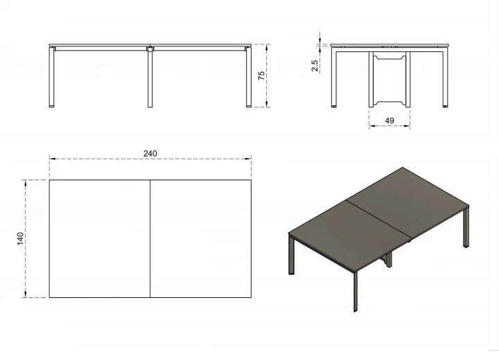 Wymiary biurka bench 4-osobowego – blat 120/140 cm, ergonomiczne biurko do biura i open space