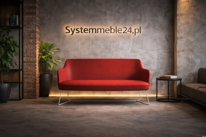 Czerwona sofa biurowa dwuosobowa na metalowej podstawie